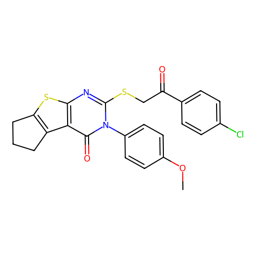 2-{[2-(4-chlorophenyl)-2-oxoethyl]sulfanyl}-3-(4-methoxyphenyl)-3,5,6,7-tetrahydro-4H-cyclopenta[4,5]thieno[2,3-d]pyrimidin-4-one structure
