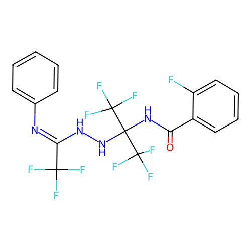(E)-2-fluoro-N-(1,1,1,3,3,3-hexafluoro-2-(2-(2,2,2-trifluoro-1-(phenylimino)ethyl)hydrazinyl)propan-2-yl)benzamide structure