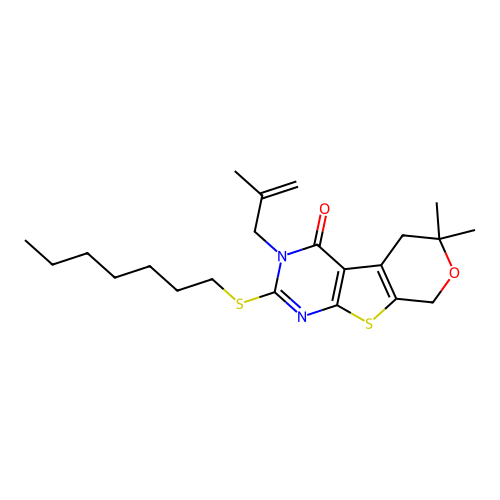 2-(heptylsulfanyl)-6,6-dimethyl-3-(2-methylprop-2-en-1-yl)-3,5,6,8-tetrahydro-4H-pyrano[4',3':4,5]thieno[2,3-d]pyrimidin-4-one structure