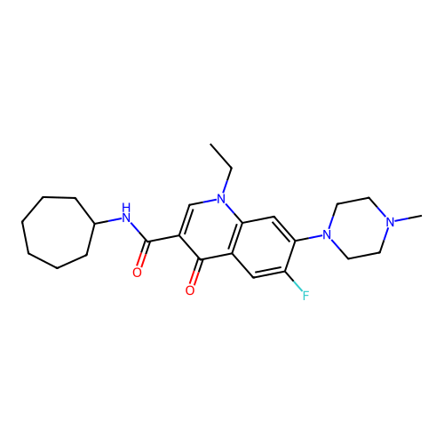 N-cycloheptyl-1-ethyl-6-fluoro-7-(4-methylpiperazin-1-yl)-4-oxo-1,4-dihydroquinoline-3-carboxamide structure
