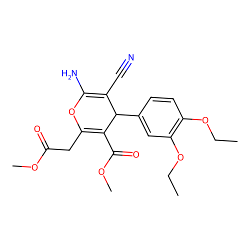 methyl 6-amino-5-cyano-4-(3,4-diethoxyphenyl)-2-(2-methoxy-2-oxoethyl)-4H-pyran-3-carboxylate structure