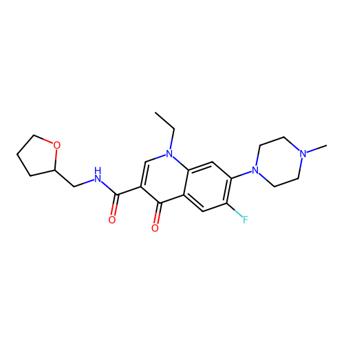 1-ethyl-6-fluoro-7-(4-methylpiperazin-1-yl)-4-oxo-N-((tetrahydrofuran-2-yl)methyl)-1,4-dihydroquinoline-3-carboxamide structure