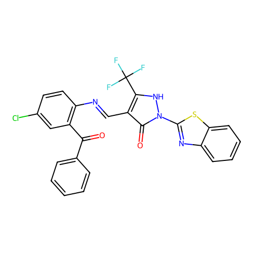 (4E)-2-(1,3-benzothiazol-2-yl)-4-({[4-chloro-2-(phenylcarbonyl)phenyl]amino}methylidene)-5-(trifluoromethyl)-2,4-dihydro-3H-pyrazol-3-one structure