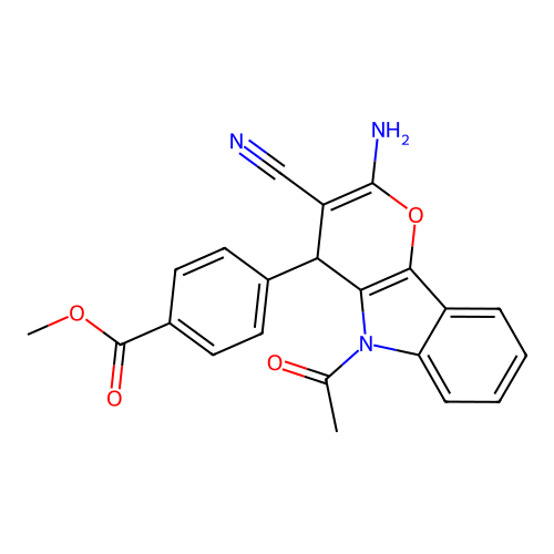Methyl 4-(5-acetyl-2-amino-3-cyano-4,5-dihydropyrano[3,2-b]indol-4-yl)benzoate structure