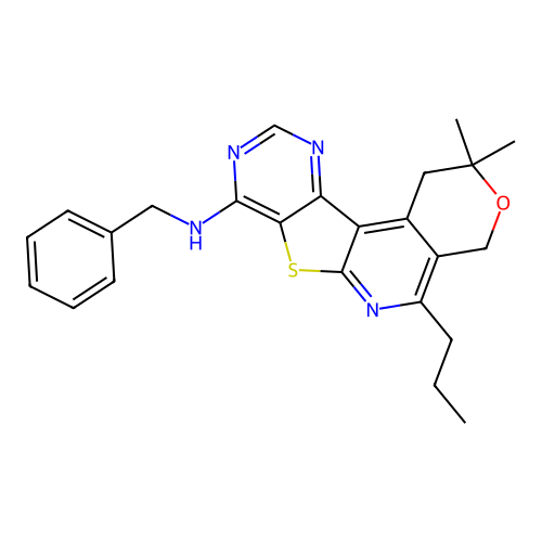 N-benzyl-2,2-dimethyl-5-propyl-1,4-dihydro-2H-pyrano[4'',3'':4',5']pyrido[3',2':4,5]thieno[3,2-d]pyrimidin-8-amine structure