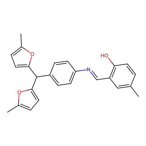 2-[(E)-({4-[bis(5-methylfuran-2-yl)methyl]phenyl}imino)methyl]-4-methylphenol structure