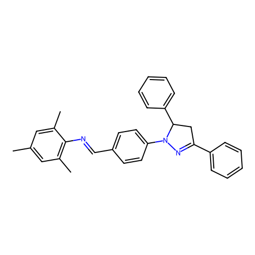 (E)-N-(4-(3,5-diphenyl-4,5-dihydro-1H-pyrazol-1-yl)benzylidene)-2,4,6-trimethylaniline structure