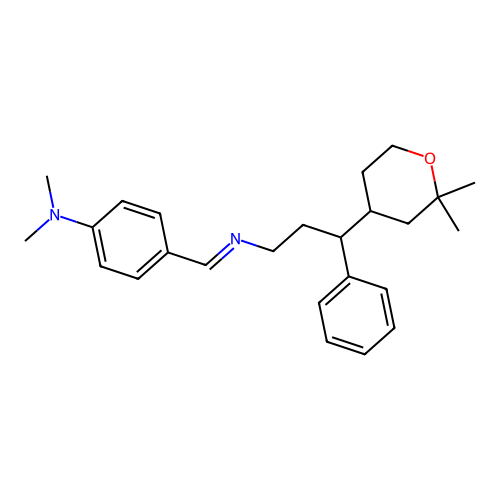 4-[[3-(2,2-dimethyloxan-4-yl)-3-phenylpropyl]iminomethyl]-N,N-dimethylaniline structure