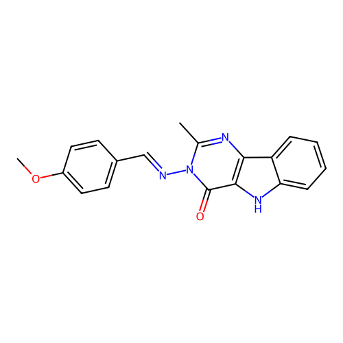 (E)-3-((4-methoxybenzylidene)amino)-2-methyl-3H-pyrimido[5,4-b]indol-4(5H)-one structure