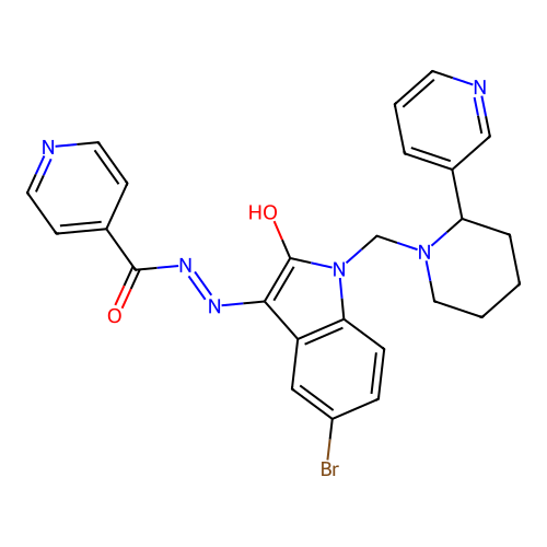 (E)-N'-(5-bromo-2-oxo-1-((2-(pyridin-3-yl)piperidin-1-yl)methyl)indolin-3-ylidene)isonicotinohydrazide structure