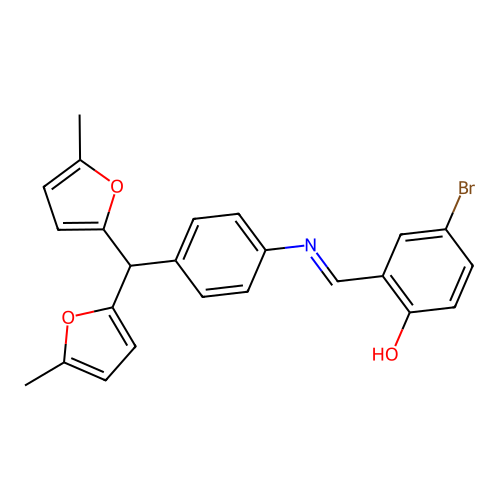 2-[(E)-({4-[bis(5-methylfuran-2-yl)methyl]phenyl}imino)methyl]-4-bromophenol structure