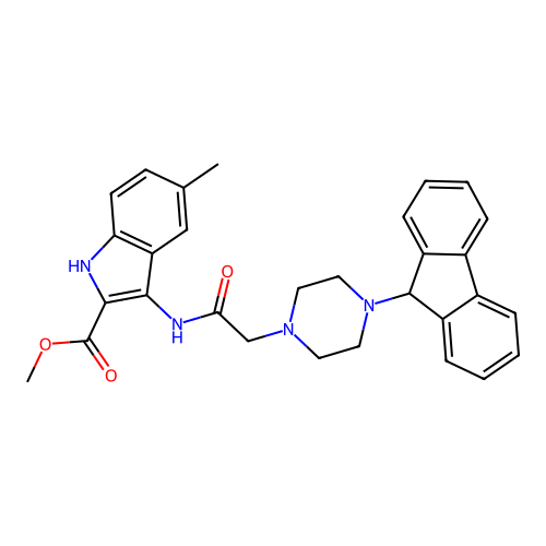 Methyl 3-[[2-[4-(9H-fluoren-9-yl)piperazin-1-yl]acetyl]amino]-5-methyl-1H-indole-2-carboxylate structure
