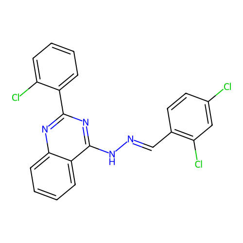 2-(2-chlorophenyl)-4-[(2E)-2-(2,4-dichlorobenzylidene)hydrazinyl]quinazoline structure