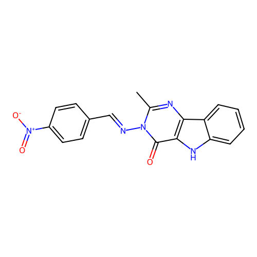 (E)-2-methyl-3-((4-nitrobenzylidene)amino)-3H-pyrimido[5,4-b]indol-4(5H)-one structure