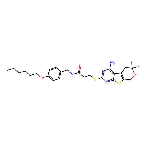 3-((4-amino-6,6-dimethyl-6,8-dihydro-5H-pyrano[4',3':4,5]thieno[2,3-d]pyrimidin-2-yl)thio)-N-(4-(hexyloxy)benzyl)propanamide structure