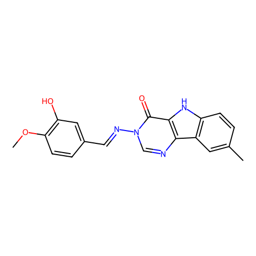 (E)-3-((3-hydroxy-4-methoxybenzylidene)amino)-8-methyl-3H-pyrimido[5,4-b]indol-4(5H)-one structure