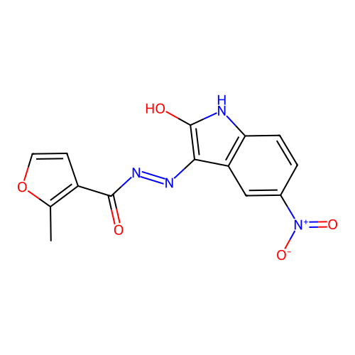 2-methyl-N'-(5-nitro-2-oxoindol-3-yl)furan-3-carbohydrazide structure