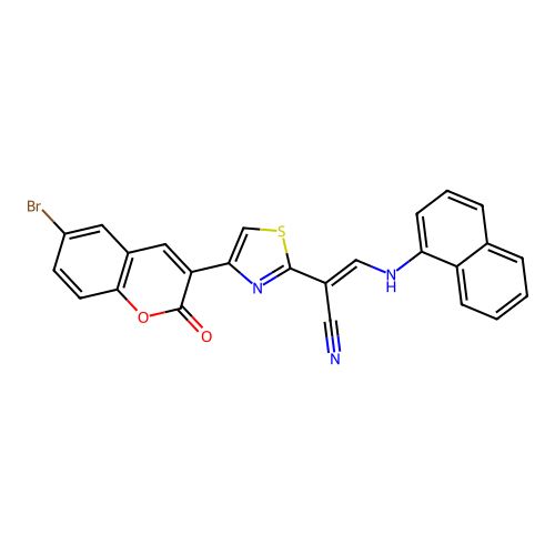 (2E)-2-[4-(6-bromo-2-oxo-2H-chromen-3-yl)-1,3-thiazol-2-yl]-3-(naphthalen-1-ylamino)prop-2-enenitrile structure