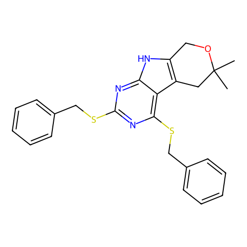 2,4-bis(benzylsulfanyl)-6,6-dimethyl-5,6,8,9-tetrahydropyrano[4',3':4,5]pyrrolo[2,3-d]pyrimidine structure