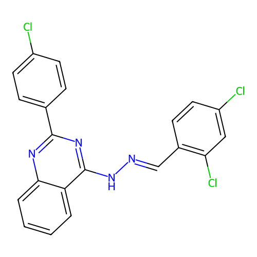 2-(4-chlorophenyl)-4-[(2E)-2-(2,4-dichlorobenzylidene)hydrazinyl]quinazoline structure