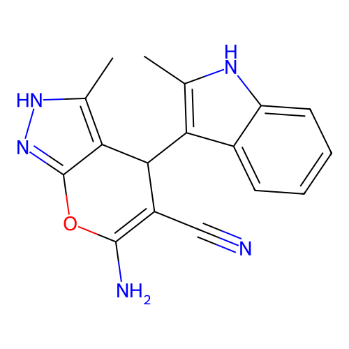 6-amino-3-methyl-4-(2-methyl-1H-indol-3-yl)-1,4-dihydropyrano[2,3-c]pyrazole-5-carbonitrile structure