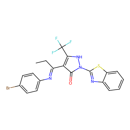 (4E)-2-(1,3-benzothiazol-2-yl)-4-{1-[(4-bromophenyl)amino]propylidene}-5-(trifluoromethyl)-2,4-dihydro-3H-pyrazol-3-one structure