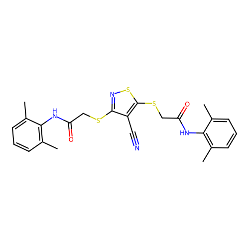 2,2'-[(4-cyano-1,2-thiazole-3,5-diyl)disulfanediyl]bis[N-(2,6-dimethylphenyl)acetamide] structure