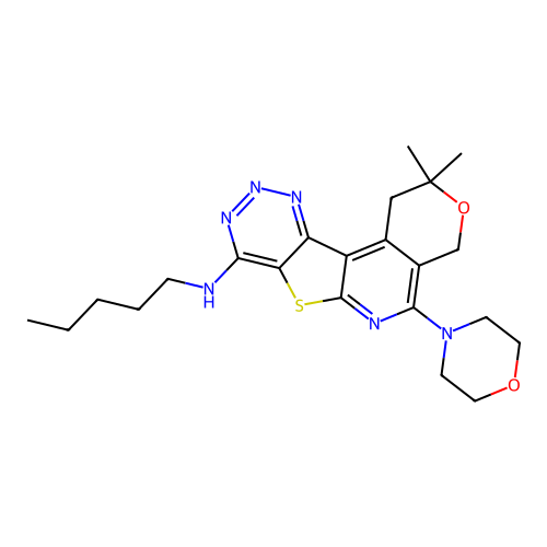 2,2-dimethyl-5-(morpholin-4-yl)-N-pentyl-1,4-dihydro-2H-pyrano[4'',3'':4',5']pyrido[3',2':4,5]thieno[3,2-d][1,2,3]triazin-8-amine structure