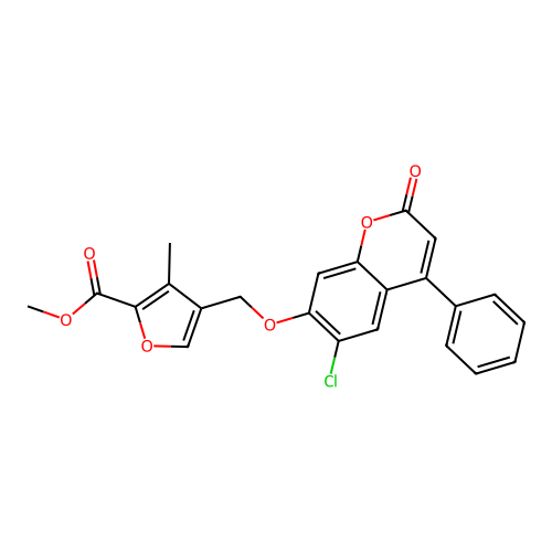 Methyl 4-[(6-chloro-2-oxo-4-phenyl-chromen-7-yl)oxymethyl]-3-methyl-furan-2-carboxylate structure