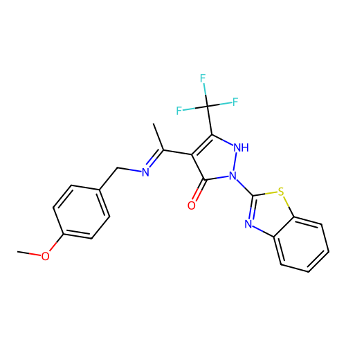 2-(1,3-benzothiazol-2-yl)-4-{1-[(4-methoxybenzyl)amino]ethylidene}-5-(trifluoromethyl)-2,4-dihydro-3H-pyrazol-3-one structure