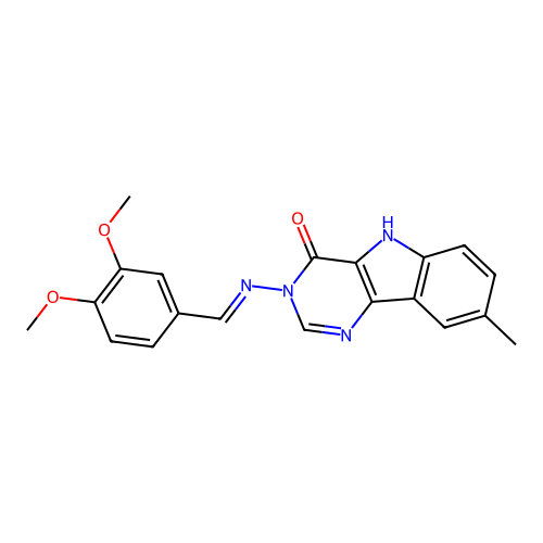 (E)-3-((3,4-dimethoxybenzylidene)amino)-8-methyl-3H-pyrimido[5,4-b]indol-4(5H)-one structure
