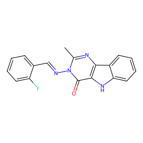(E)-3-((2-fluorobenzylidene)amino)-2-methyl-3H-pyrimido[5,4-b]indol-4(5H)-one structure