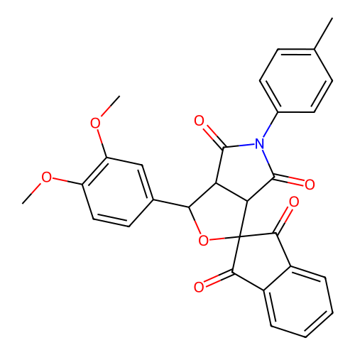 1-(3,4-dimethoxyphenyl)-5-(4-methylphenyl)-3a,6a-dihydrospiro(1H-furo[3,4-c]pyrrole-3,2'-[1'H]-indene)-1',3',4,6(2'H,3H,5H)-tetrone structure