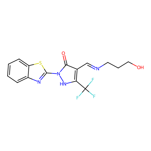 (4E)-2-(1,3-benzothiazol-2-yl)-4-[(3-hydroxypropylamino)methylidene]-5-(trifluoromethyl)pyrazol-3-one structure