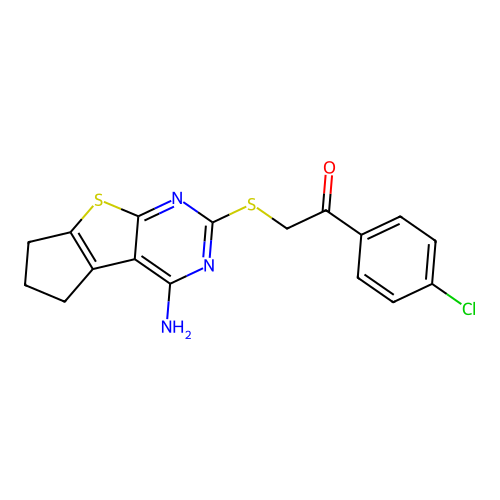 2-((4-amino-6,7-dihydro-5H-cyclopenta[4,5]thieno[2,3-d]pyrimidin-2-yl)thio)-1-(4-chlorophenyl)ethanone structure