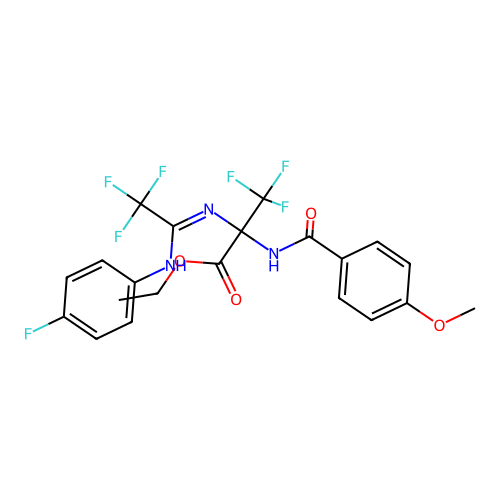 (E)-ethyl 3,3,3-trifluoro-2-(4-methoxybenzamido)-2-(2,2,2-trifluoro-N'-(4-fluorophenyl)acetimidamido)propanoate structure