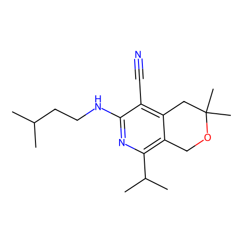 3,3-dimethyl-6-(3-methylbutylamino)-8-propan-2-yl-1,4-dihydropyrano[3,4-c]pyridine-5-carbonitrile structure