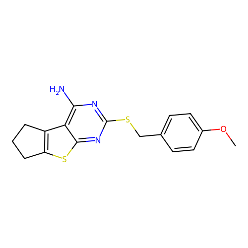 2-((4-methoxybenzyl)thio)-6,7-dihydro-5H-cyclopenta[4,5]thieno[2,3-d]pyrimidin-4-amine structure