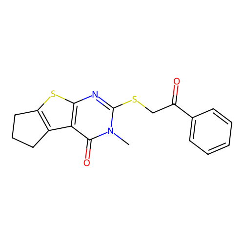 3-methyl-2-((2-oxo-2-phenylethyl)thio)-6,7-dihydro-3H-cyclopenta[4,5]thieno[2,3-d]pyrimidin-4(5H)-one structure