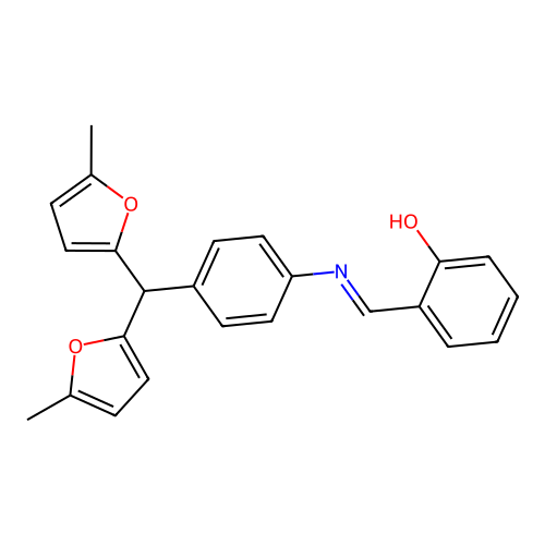 2-[(E)-({4-[bis(5-methylfuran-2-yl)methyl]phenyl}imino)methyl]phenol structure
