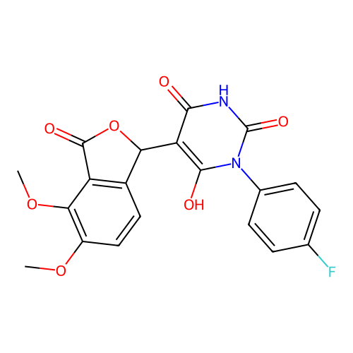 5-(4,5-dimethoxy-3-oxo-1,3-dihydro-2-benzofuran-1-yl)-1-(4-fluorophenyl)-6-hydroxy-1,2,3,4-tetrahydropyrimidine-2,4-dione structure