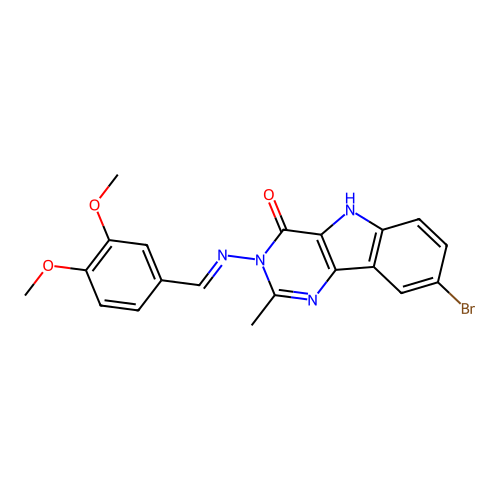 (E)-8-bromo-3-((3,4-dimethoxybenzylidene)amino)-2-methyl-3H-pyrimido[5,4-b]indol-4(5H)-one structure