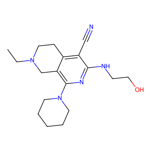 7-ethyl-3-((2-hydroxyethyl)amino)-1-(piperidin-1-yl)-5,6,7,8-tetrahydro-2,7-naphthyridine-4-carbonitrile structure