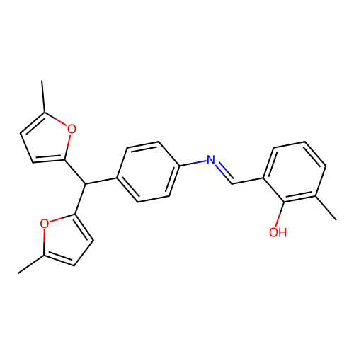 2-[(E)-({4-[bis(5-methylfuran-2-yl)methyl]phenyl}imino)methyl]-6-methylphenol structure