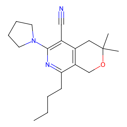 8-butyl-3,3-dimethyl-6-(pyrrolidin-1-yl)-3,4-dihydro-1H-pyrano[3,4-c]pyridine-5-carbonitrile structure