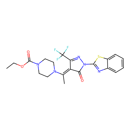 (E)-ethyl 4-(1-(1-(benzo[d]thiazol-2-yl)-5-oxo-3-(trifluoromethyl)-1H-pyrazol-4(5H)-ylidene)ethyl)piperazine-1-carboxylate structure