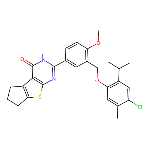 2-(3-((4-chloro-2-isopropyl-5-methylphenoxy)methyl)-4-methoxyphenyl)-6,7-dihydro-3H-cyclopenta[4,5]thieno[2,3-d]pyrimidin-4(5H)-one structure