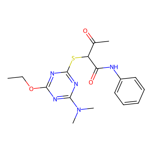 2-{[4-(dimethylamino)-6-ethoxy-1,3,5-triazin-2-yl]sulfanyl}-3-oxo-N-phenylbutanamide structure