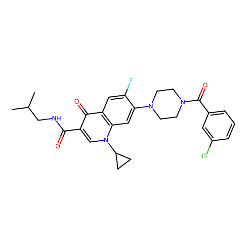 7-[4-(3-chlorobenzoyl)piperazin-1-yl]-1-cyclopropyl-6-fluoro-N-(2-methylpropyl)-4-oxoquinoline-3-carboxamide structure
