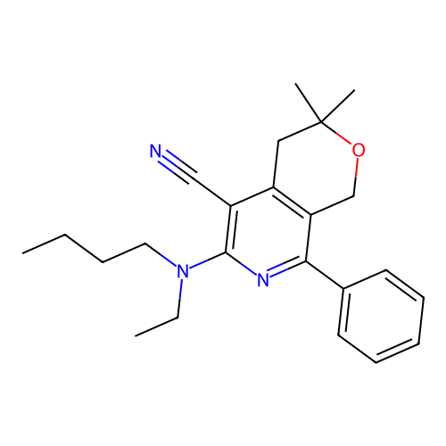 6-(butyl(ethyl)amino)-3,3-dimethyl-8-phenyl-3,4-dihydro-1H-pyrano[3,4-c]pyridine-5-carbonitrile structure
